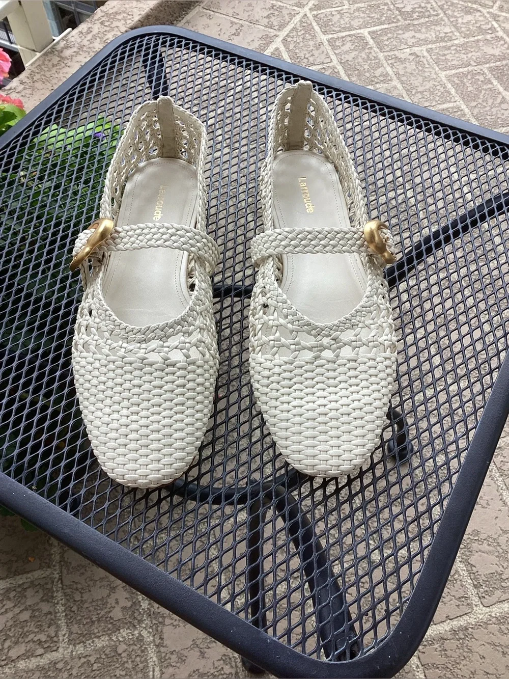 Larroude Woven Mary Jane Dress Shoes for Kids in Cream with Gold Buckle